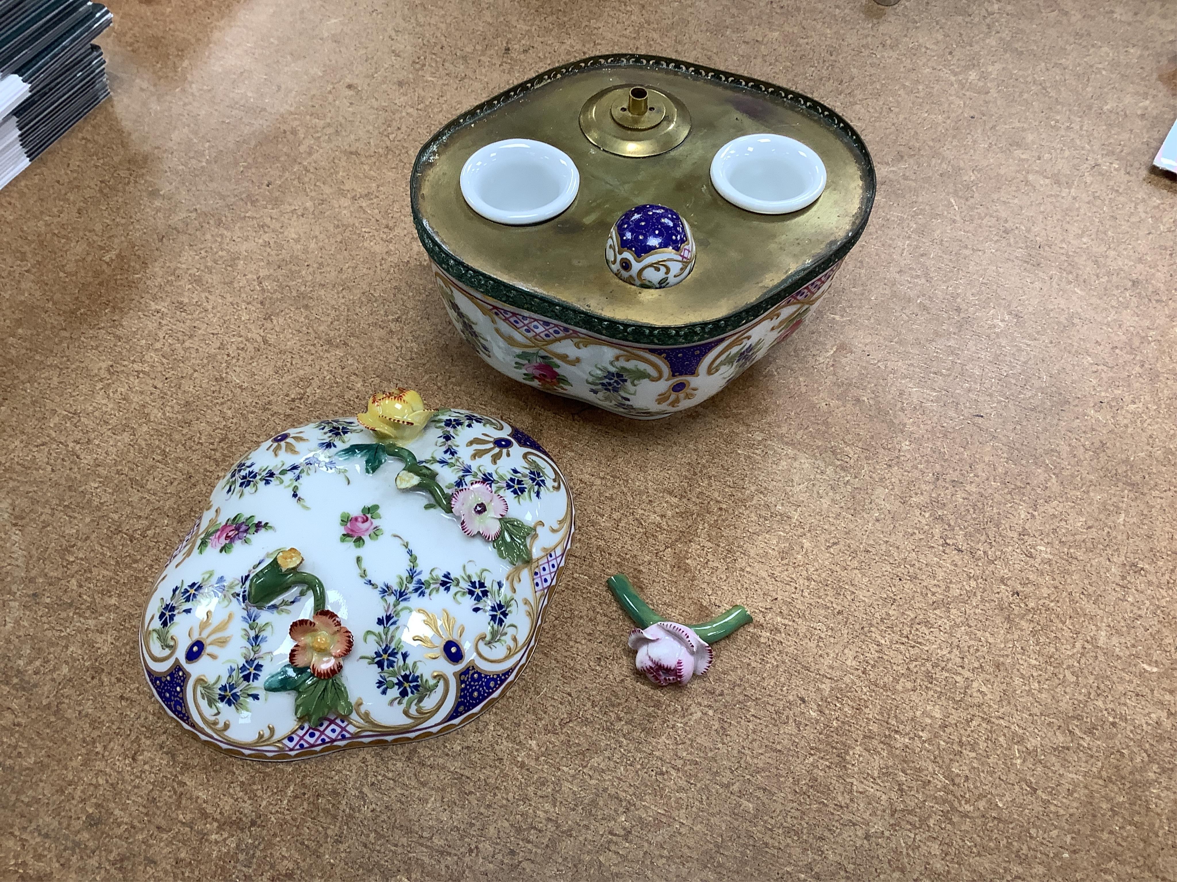 A Dresden porcelain ink stand, 11cm high, and an 18th century English creamware tea caddy with a silver lid, 10cm high. Condition - fair to good